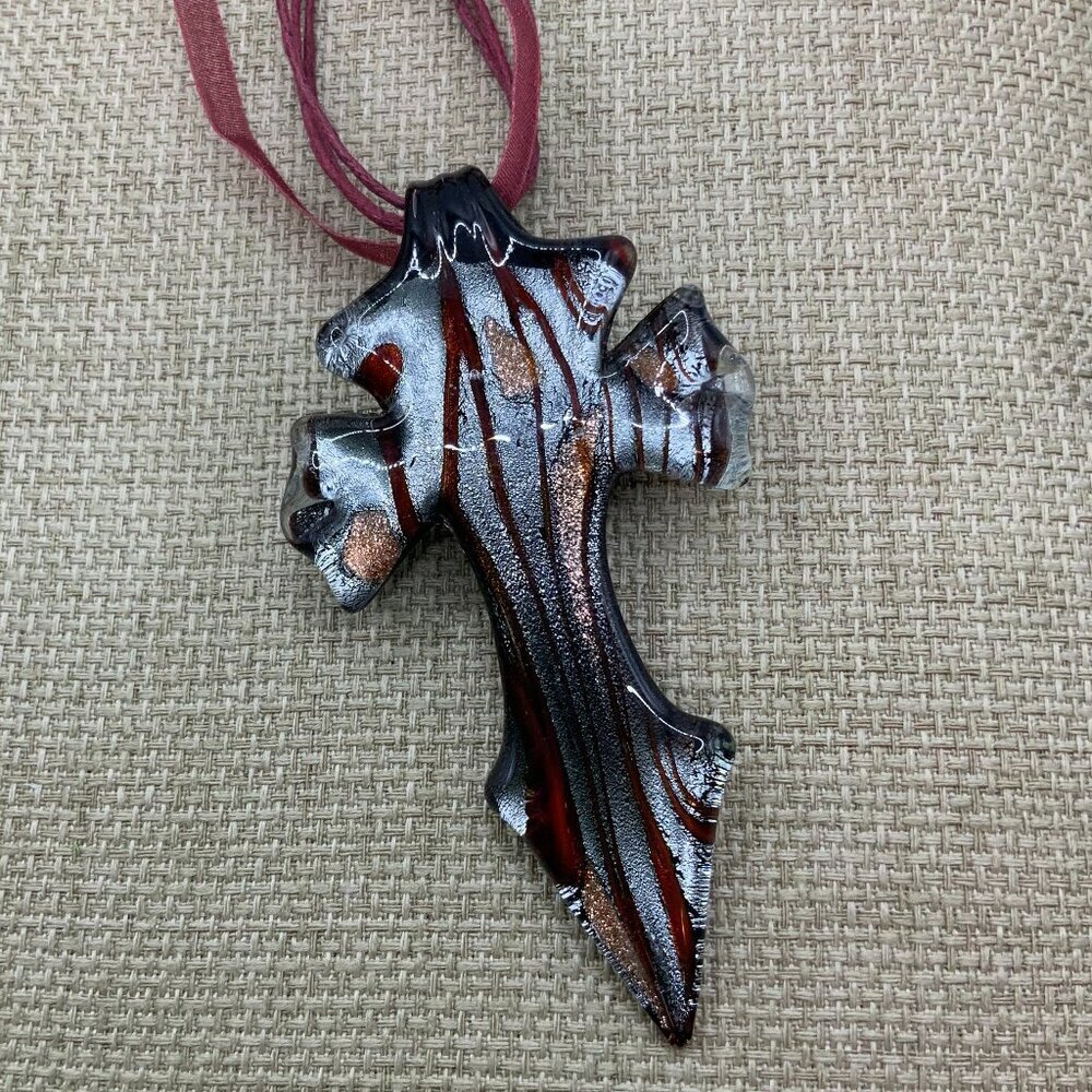 Murano Style Blown Glass Cross Burgundy Silver Tone Ribbon Lace Necklace
